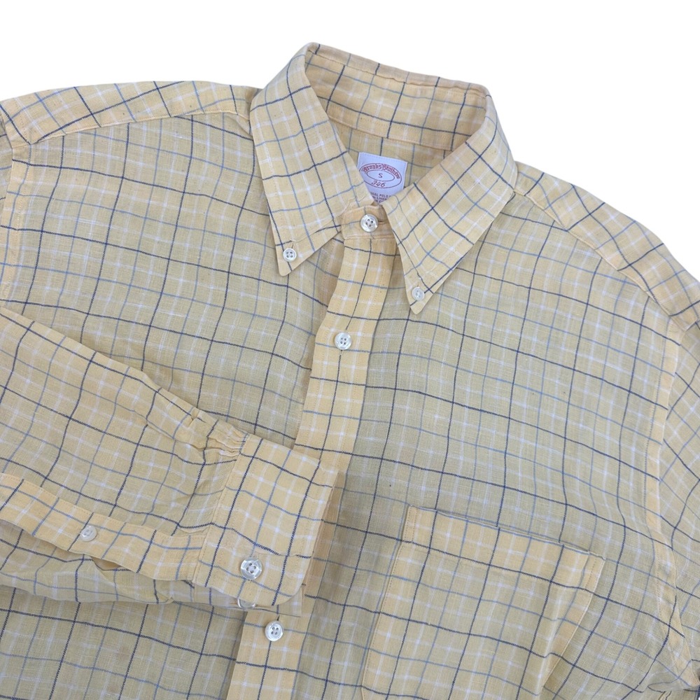 Brooks Brothers 346 Linen Mens Small Yellow‎ Windowpane Check Button Down Shirt